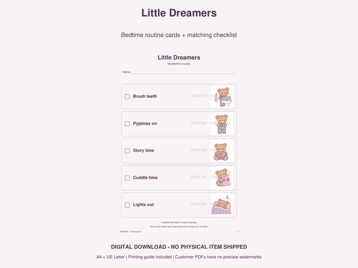 Little Dreamers Checklist watermarked preview: lilac pyjama bear bedtime routine printables.