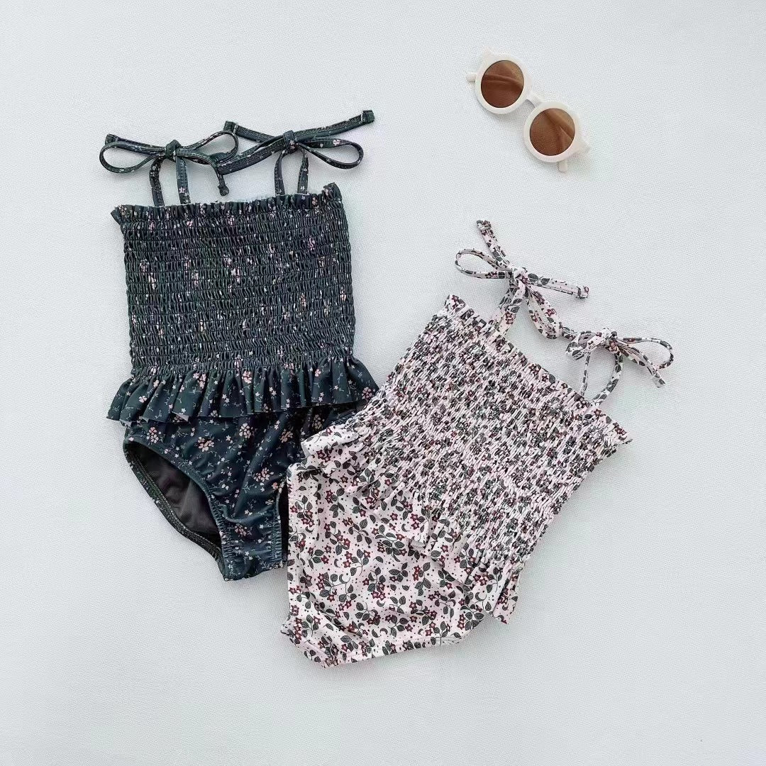 Dark Flora Smocked Girl's Swimsuit - WERONE
