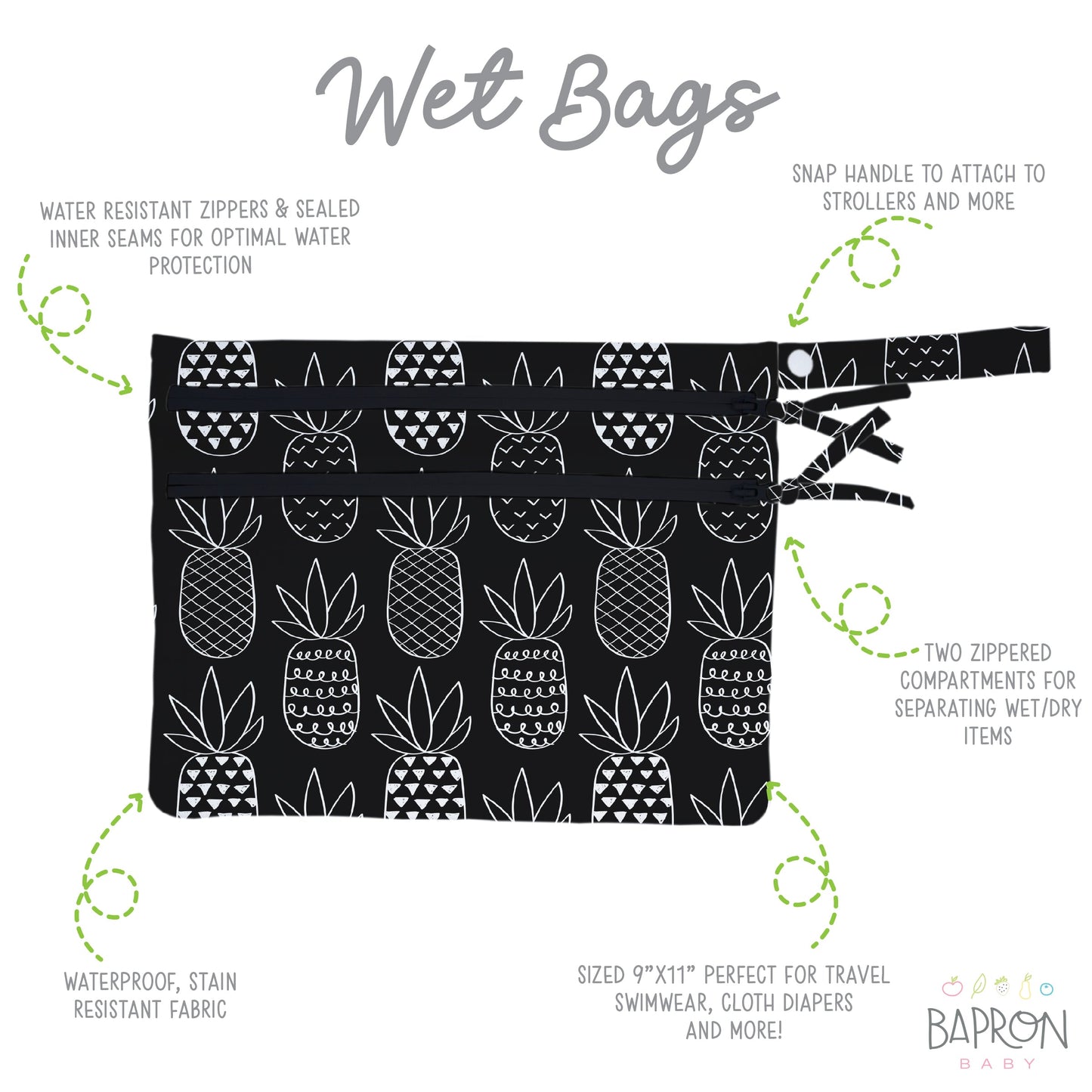 Monochrome Pineapple - Waterproof Wet Bag (For mealtime, on-the-go, and more!) - WERONE