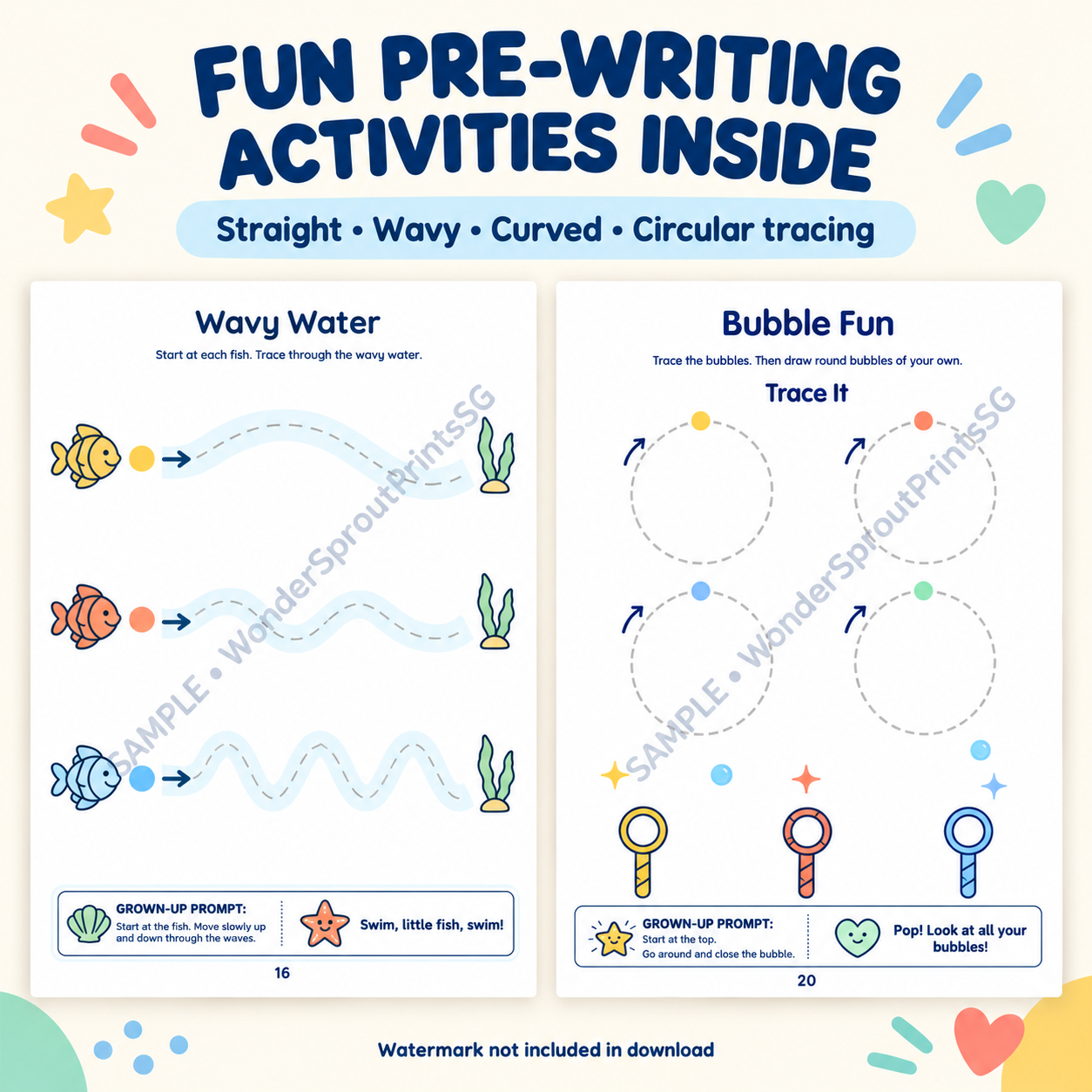 Printable wavy-line and circle-tracing worksheets for preschoolers