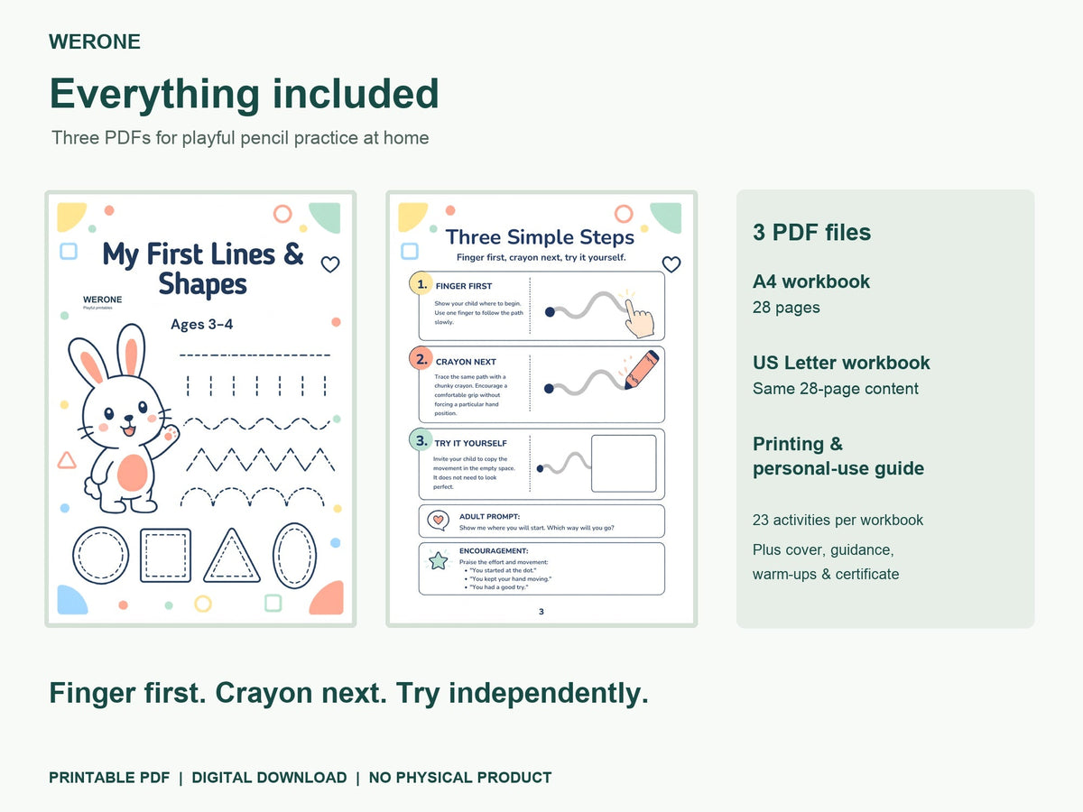 Three included WERONE PDFs: A4 workbook, US Letter workbook and printing guide; 23 activity pages per workbook