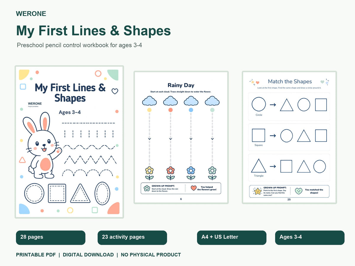 WERONE preschool pencil control workbook ages 3-4, 28 pages in A4 and US Letter, digital PDF