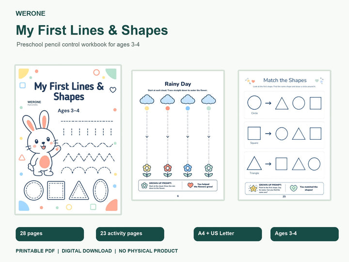 Pre-Writing Lines and Shapes Workbook for Ages 3–4, Preschool Pencil Control Printable PDF