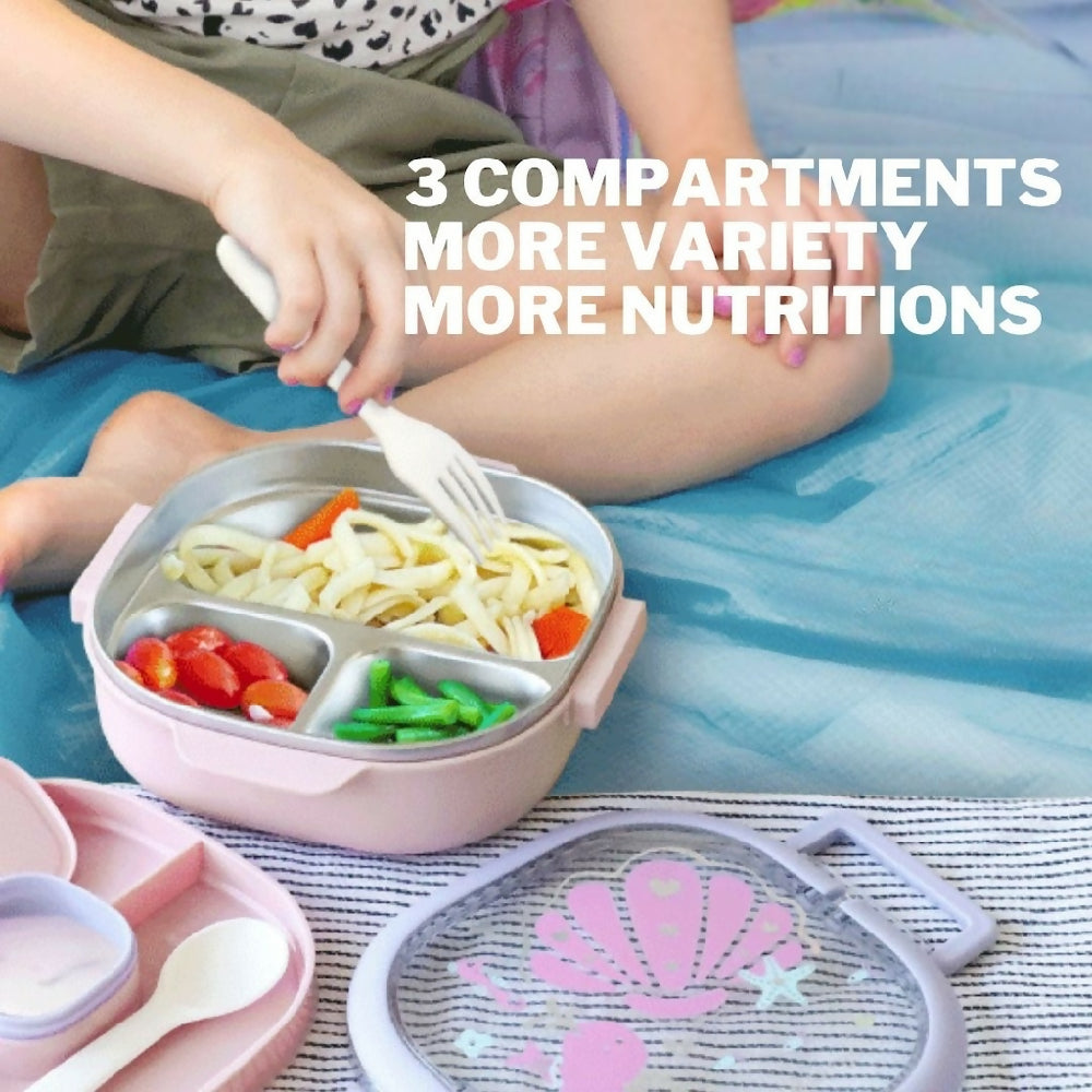 Marcus & Marcus Stainless Steel Lunch Box (2 Tier) 3 Compartments with Fork and Spoon