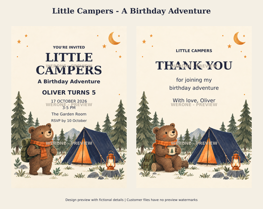 Watermarked Little Campers birthday invitation and thank-you card previews with a bear, indigo tent and pine trees; sample details shown.