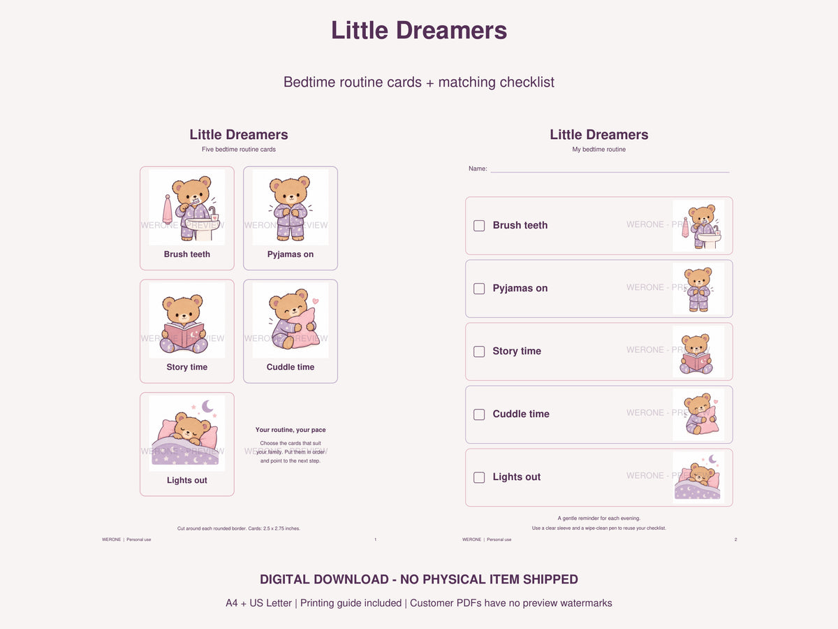 Little Dreamers Overview watermarked preview: lilac pyjama bear bedtime routine printables.