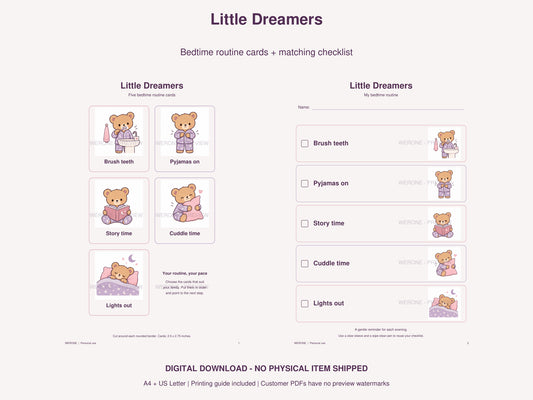 Little Dreamers Overview watermarked preview: lilac pyjama bear bedtime routine printables.