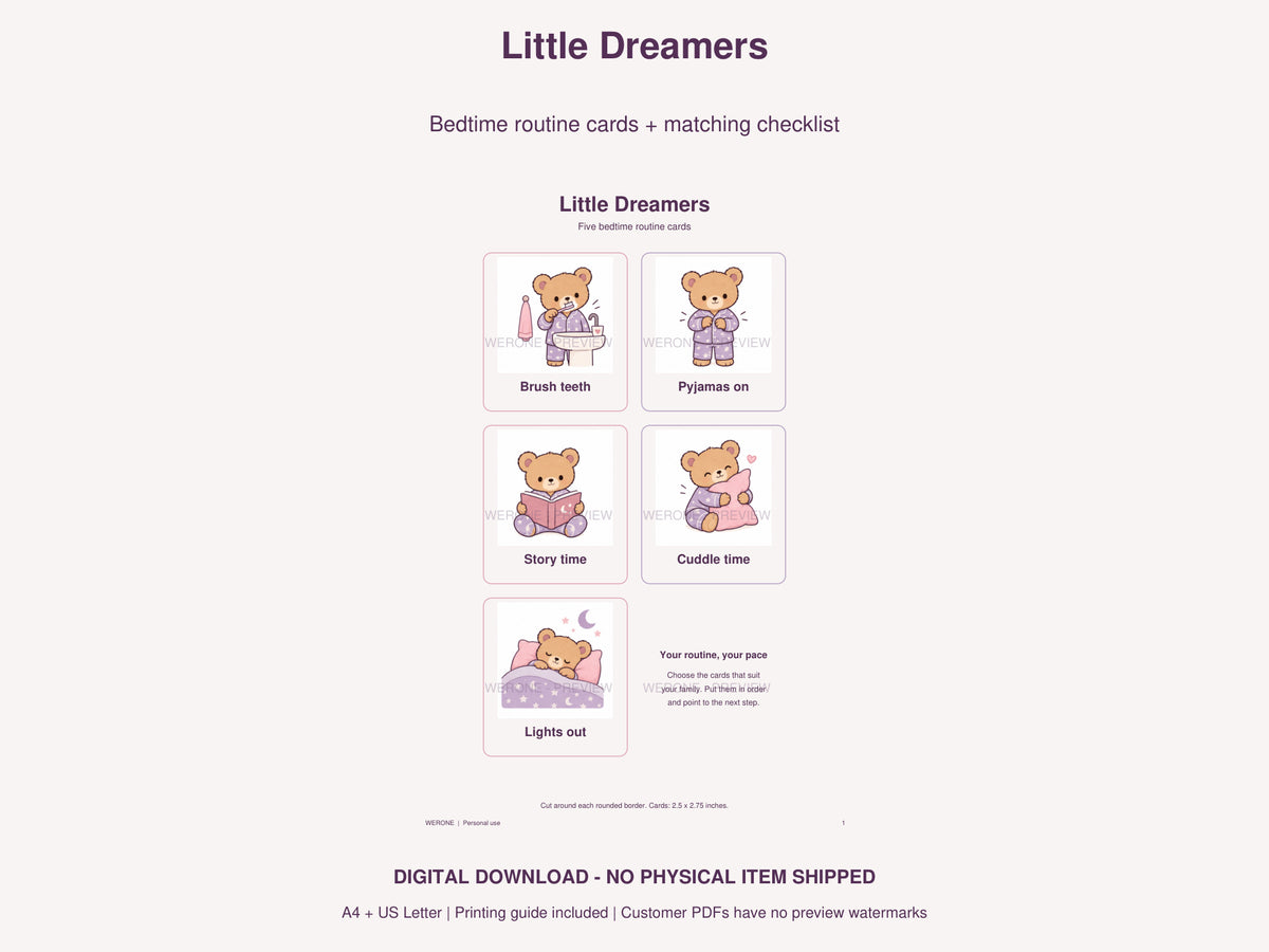 Little Dreamers Routine Cards watermarked preview: lilac pyjama bear bedtime routine printables.
