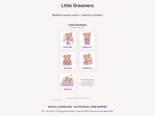 Little Dreamers Routine Cards watermarked preview: lilac pyjama bear bedtime routine printables.
