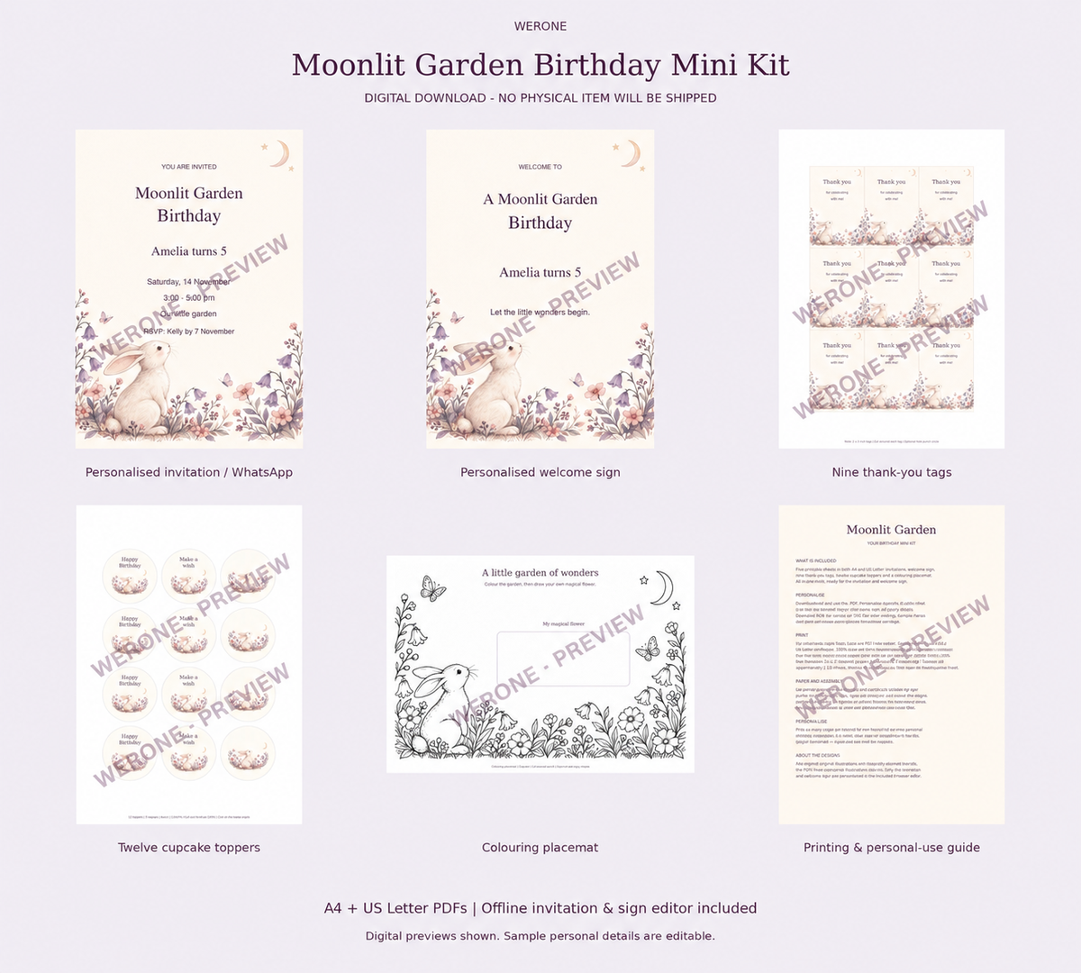 Watermarked WERONE preview of Moonlit Garden birthday printable kit. Purchased files have no preview watermark.