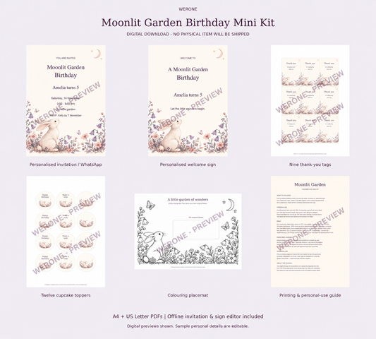 Watermarked WERONE preview of Moonlit Garden birthday printable kit. Purchased files have no preview watermark.