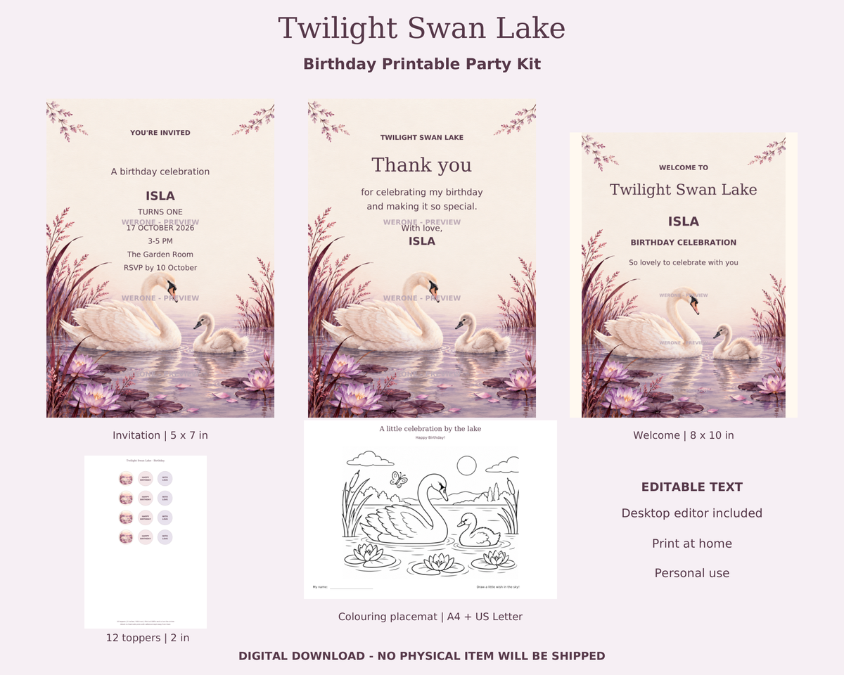 Twilight Swan Lake birthday printable kit: invitation, thank-you card, welcome sign, toppers and colouring placemat
