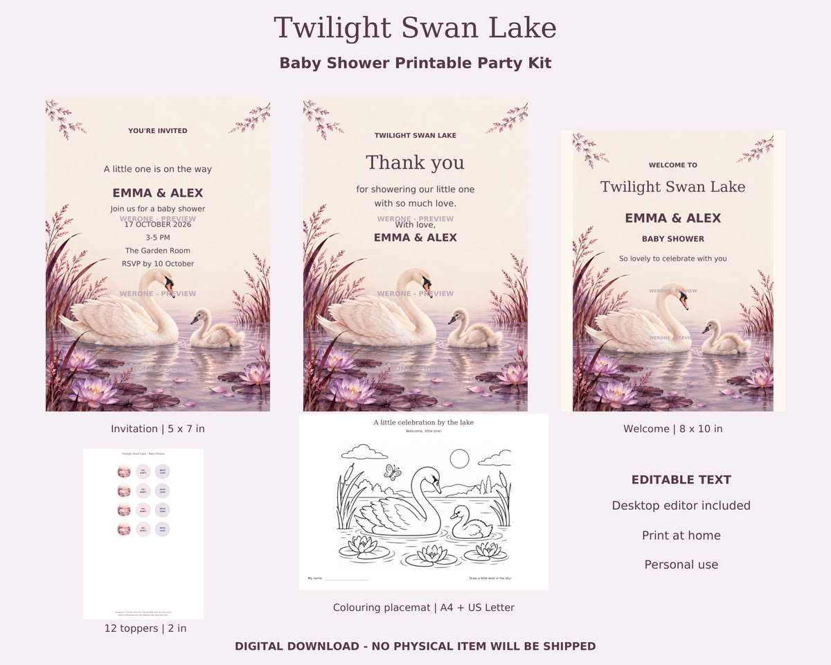 Twilight Swan Lake baby shower printable kit with matching editable invitation, thank-you card, sign, toppers and placemat