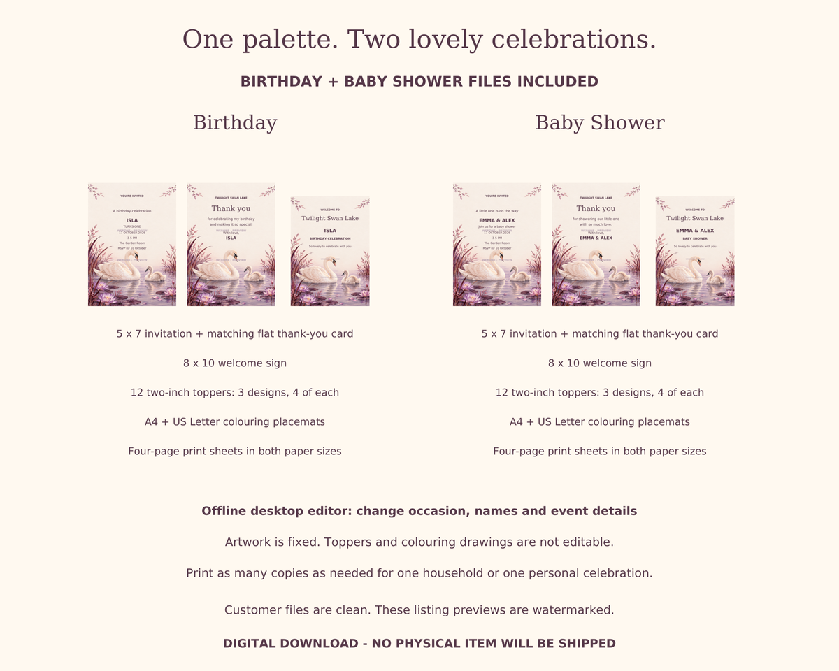 Everything included in Twilight Swan Lake birthday and baby shower printable kit, with sizes, editor and personal use terms