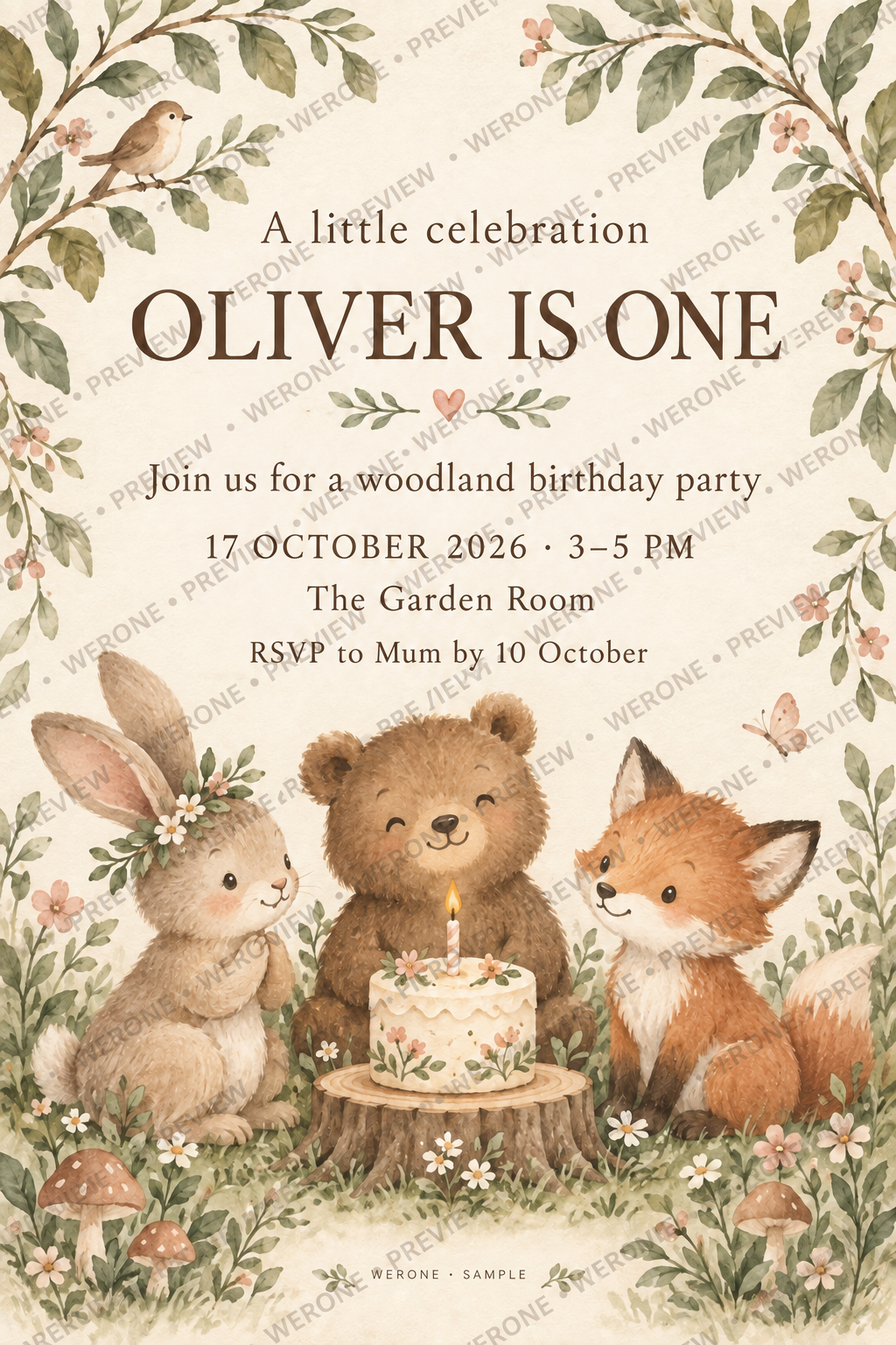 Watermarked woodland birthday invitation preview. Your finished invitation will have no preview watermark.