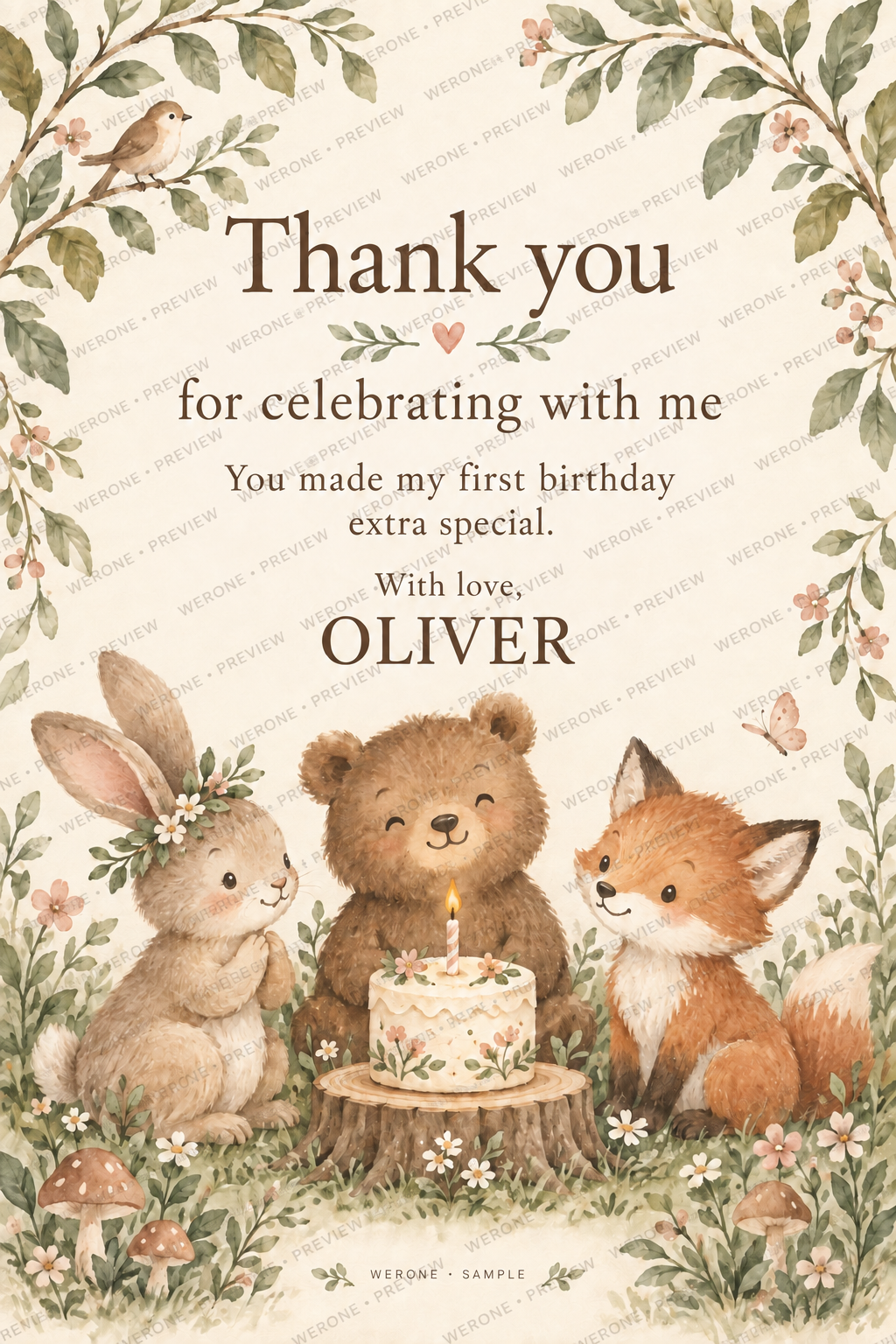 Matching digital thank-you card included with the S$16.90 package only. Watermarked preview with fictional sample details.
