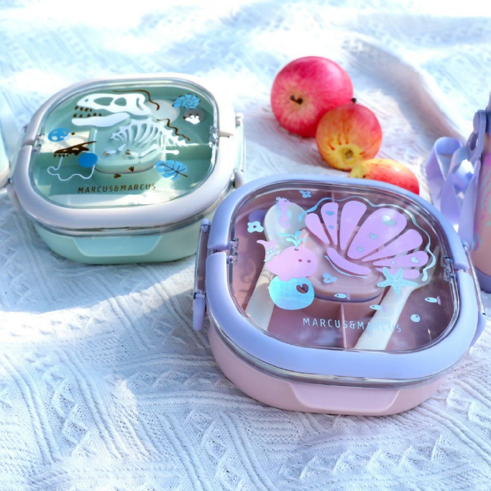 Marcus & Marcus Stainless Steel Lunch Box (2 Tier) 3 Compartments with Fork and Spoon