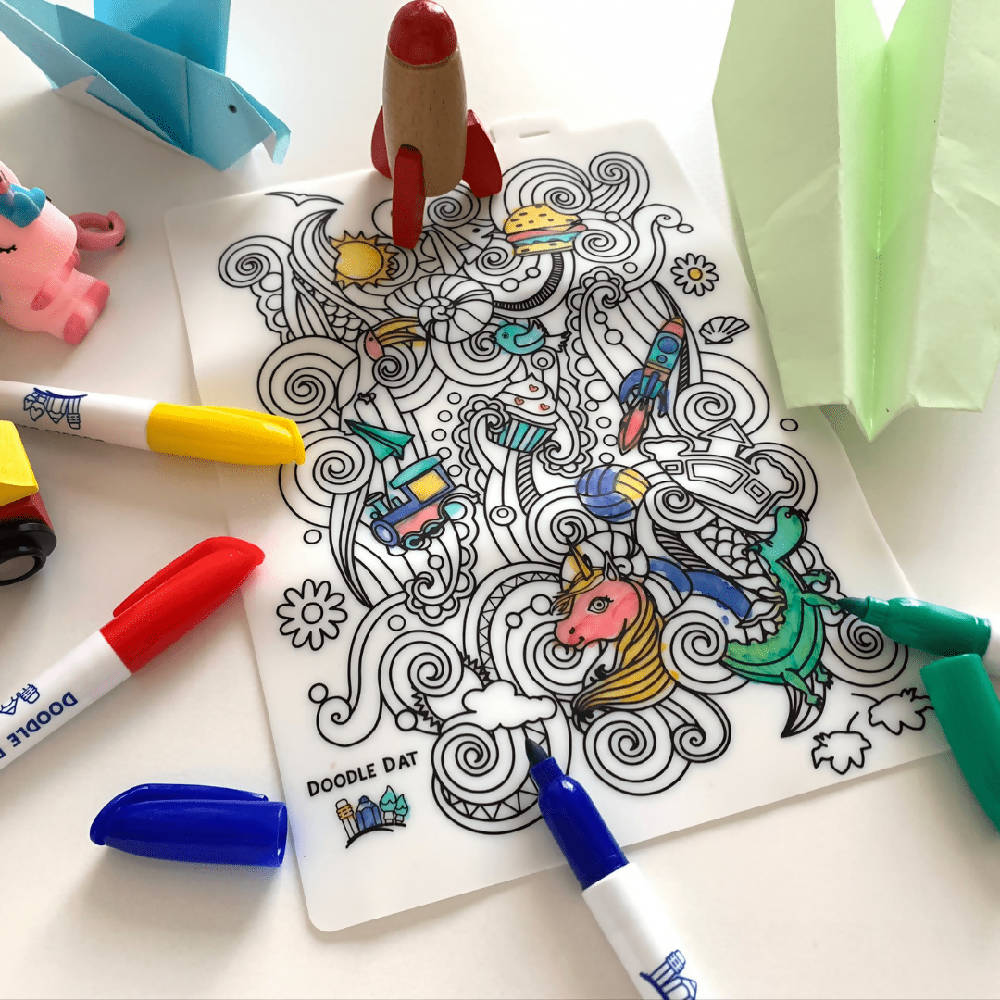 Doodle Dat Reusable Colouring Gift Pack - 5 x A5 Mats + 12 pcs Pen set + (GIFT WRAP OPTION AVAILABLE) - WERONE