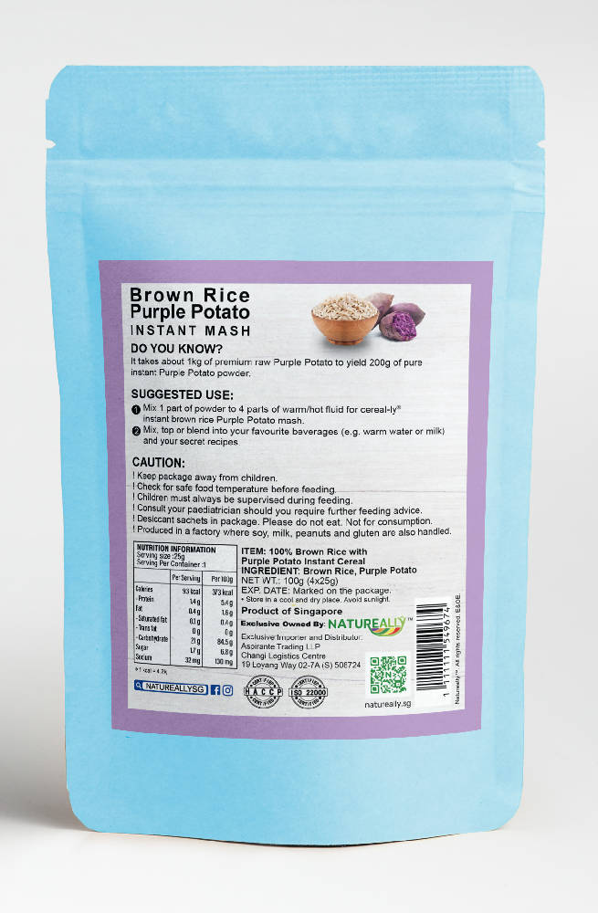 NATUREALLY™ NO SUGAR, SALT and MSG Added. 100% Brown Rice Purple Potato CEREAL-LY ® Instant Mash 100g pack (4x 25g Sachets) - WERONE