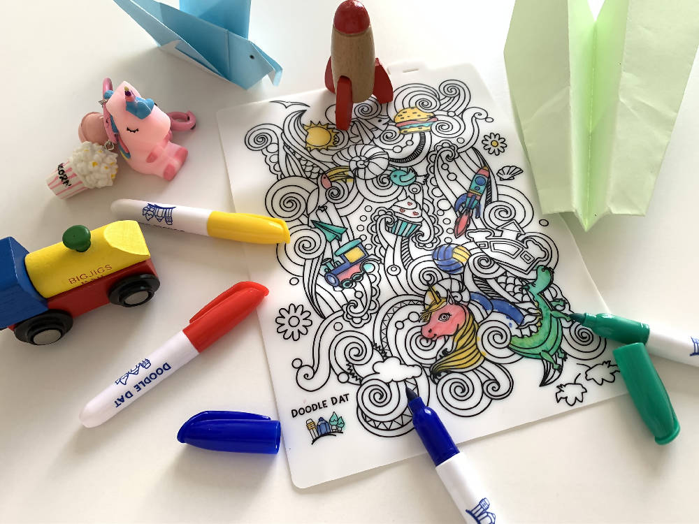 Doodle Dat Reusable Silicone Colouring mats by Erda Ally. Party Packs 20x15cm + Dry Erase Markers (5 designs available) - WERONE