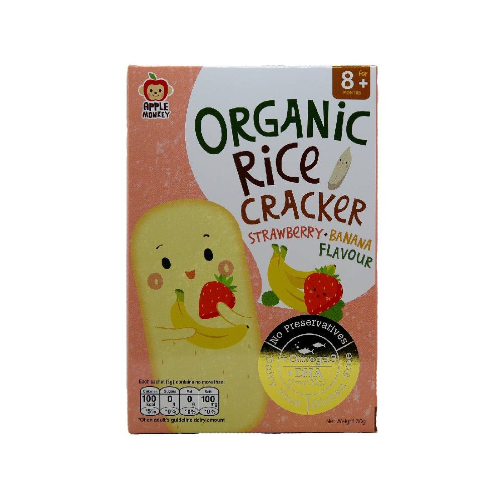 Apple Monkey Organic Rice Cracker  Strawberry & Banana 30g  (10X3g) - WERONE
