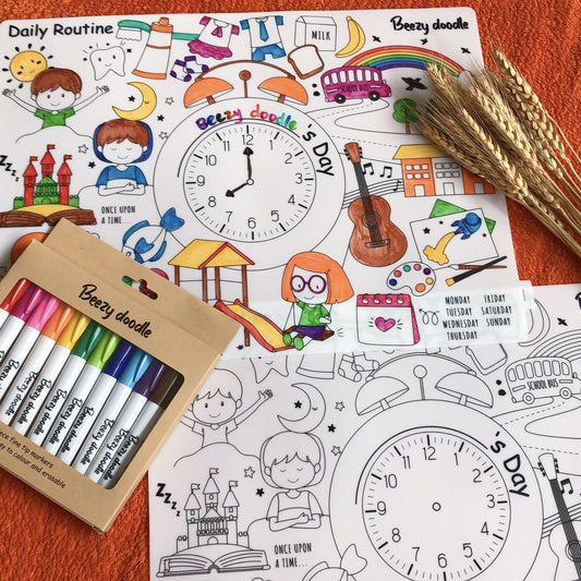 Reusable Colouring Big Mat: Clock and Daily Routine - WERONE
