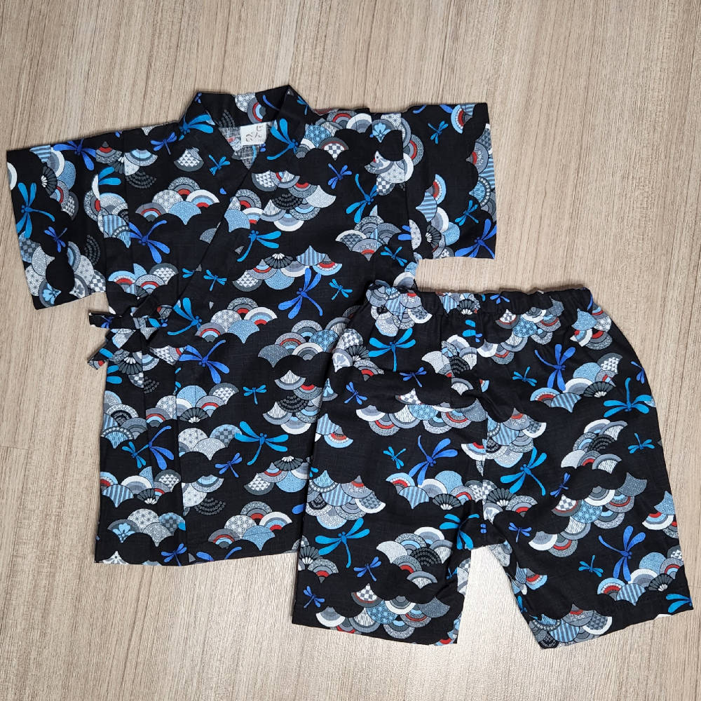 [Made in Japan] Boy/Kids Black Mixed Pattern Dragonfly Jinbei (Yukata/Kimono) - WERONE