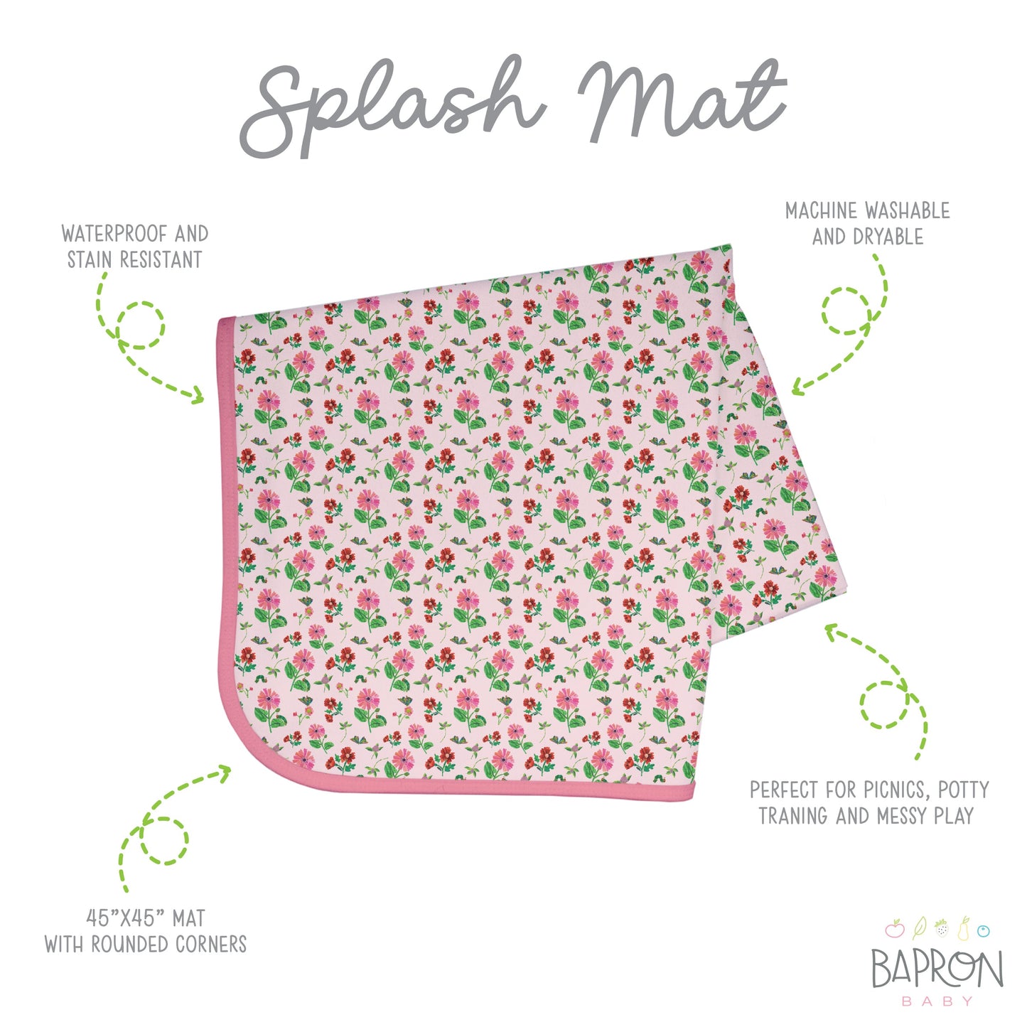 Pink Floral Caterpillar Splash Mat - from the World Of Eric Carle - A Waterproof Catch-All for Highchair Spills - WERONE