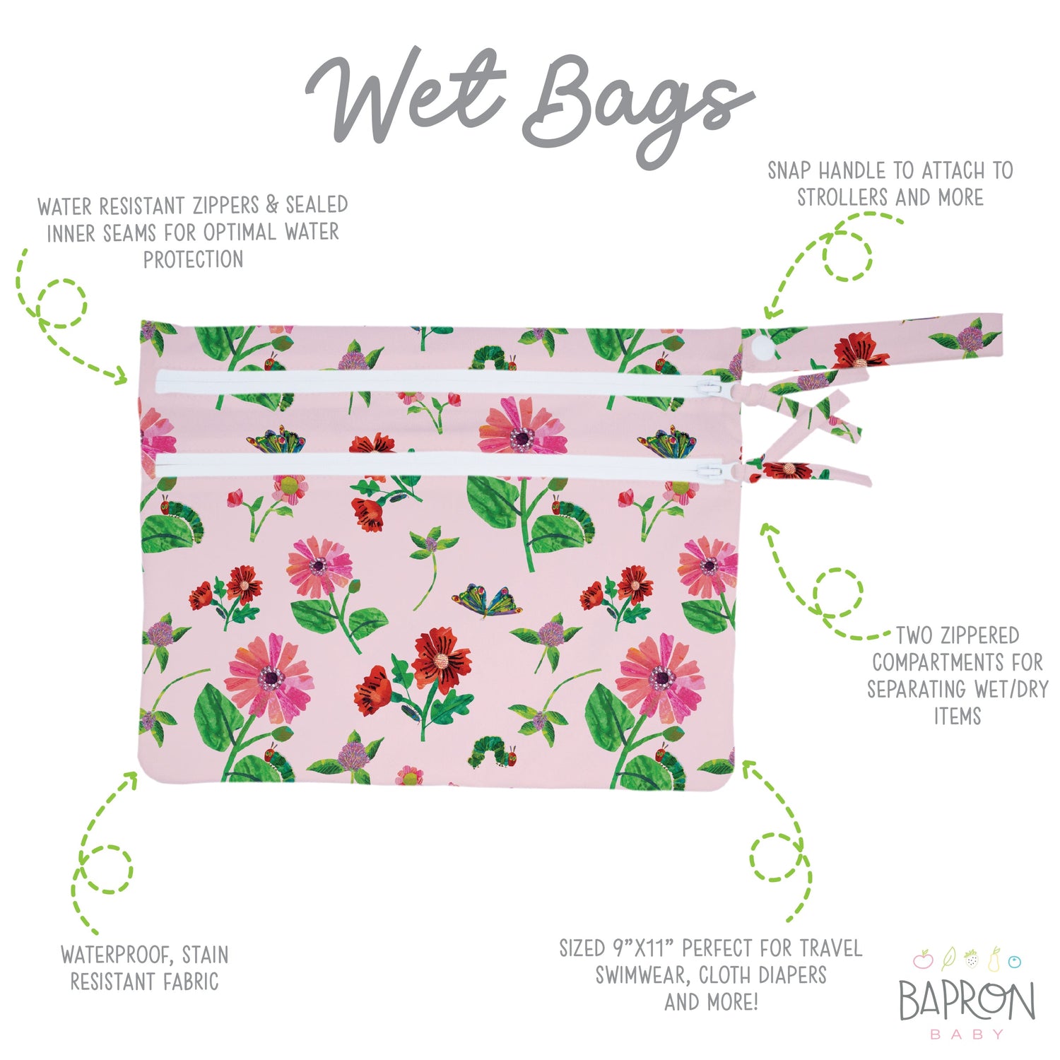 Pink Floral Caterpillar - Waterproof Wet Bag (For mealtime, on-the-go, and more!) - WERONE