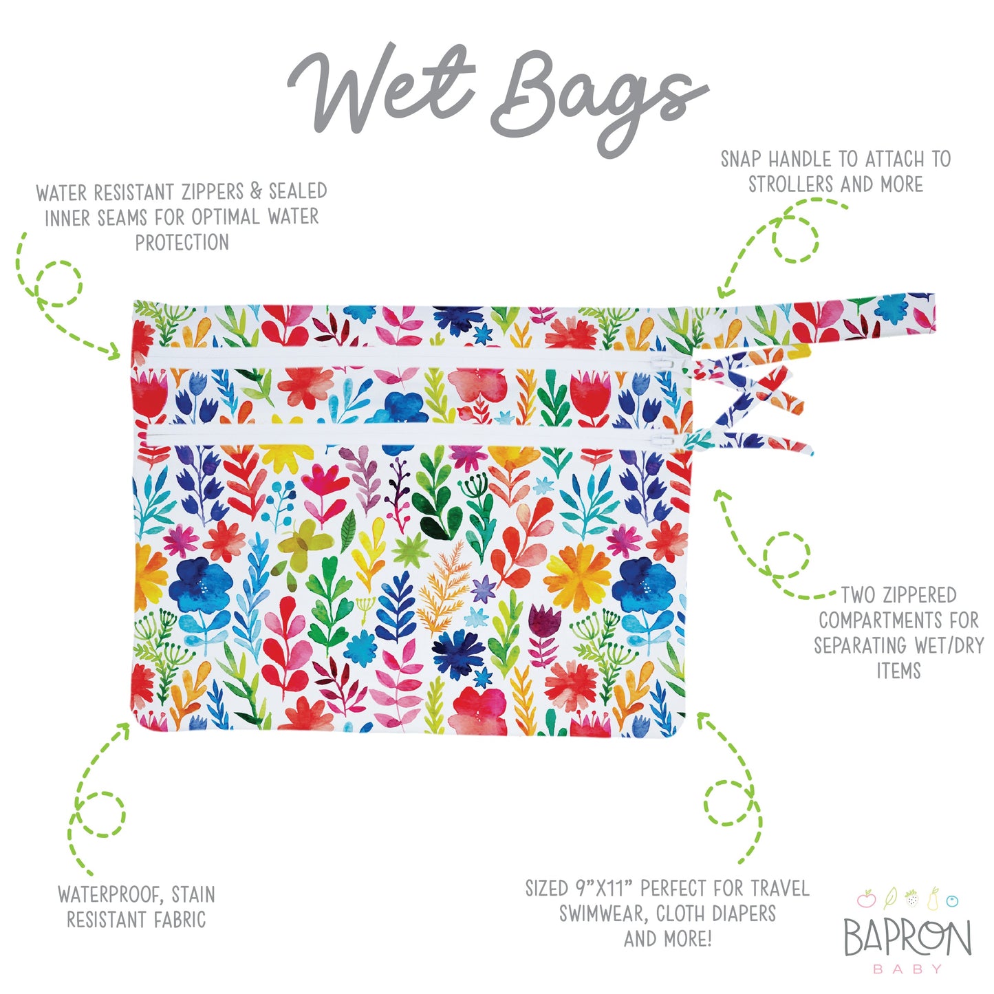 Rainbow Watercolor Floral - Waterproof Wet Bag (For mealtime, on-the-go, and more!) - WERONE