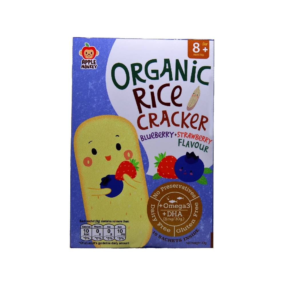 Apple Monkey Organic Rice Cracker - Blueberry & Strawberry  30g DHA - (10x3g) - WERONE